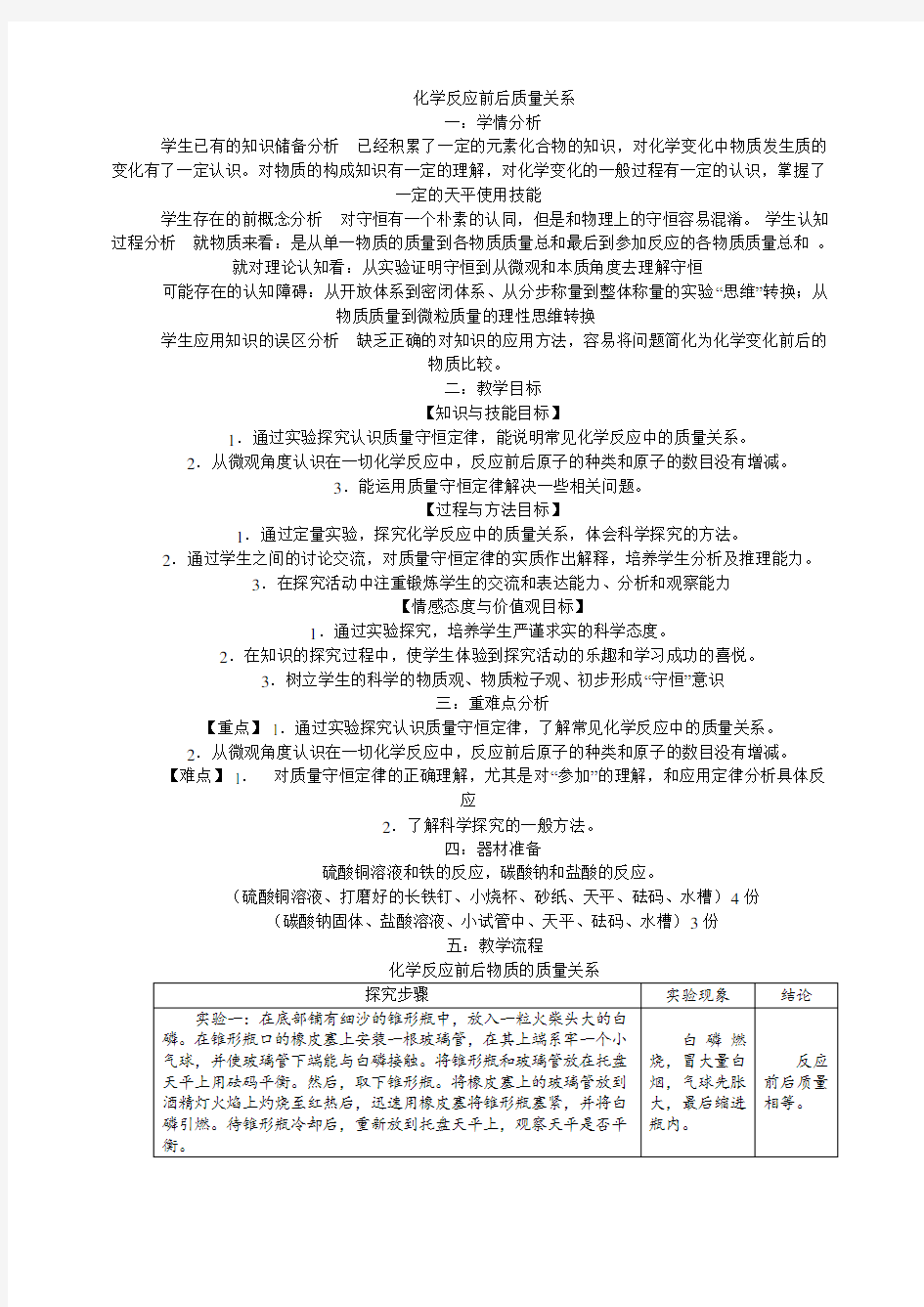 化学反应前后质量关系