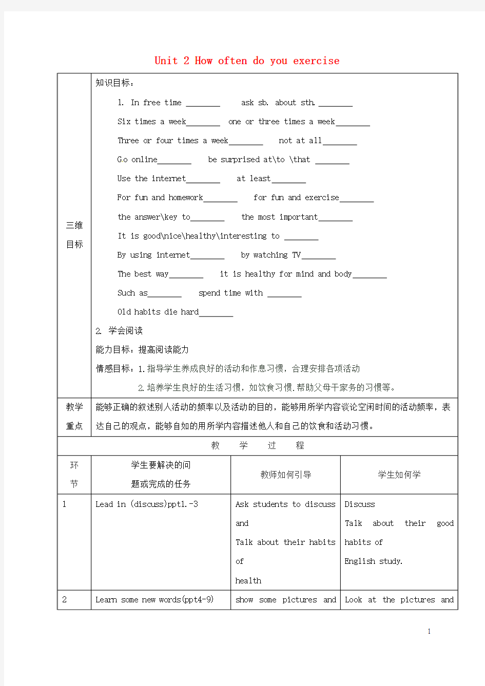 八年级英语上册Unit2HowoftendoyouexerciseSectionB1a_2e教案新版人教新目标版