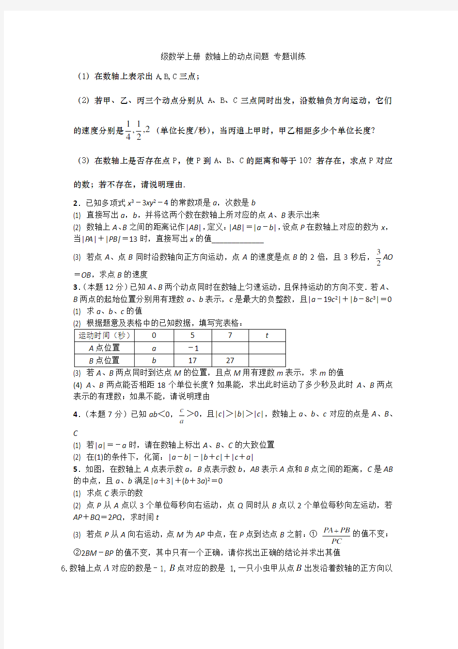 初一数学 数轴上的动点问题压轴题 专题训练