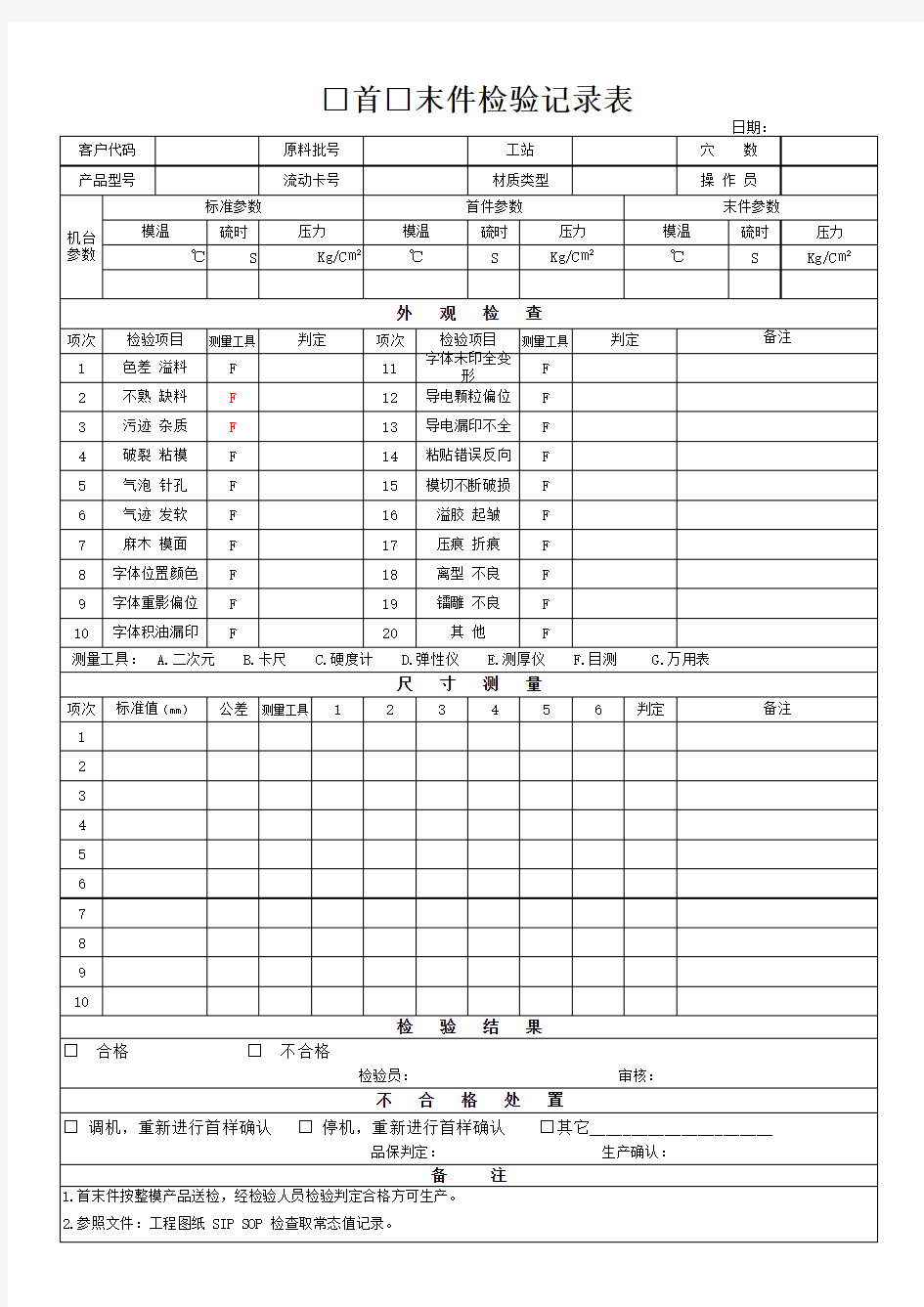 首末件检验记录表