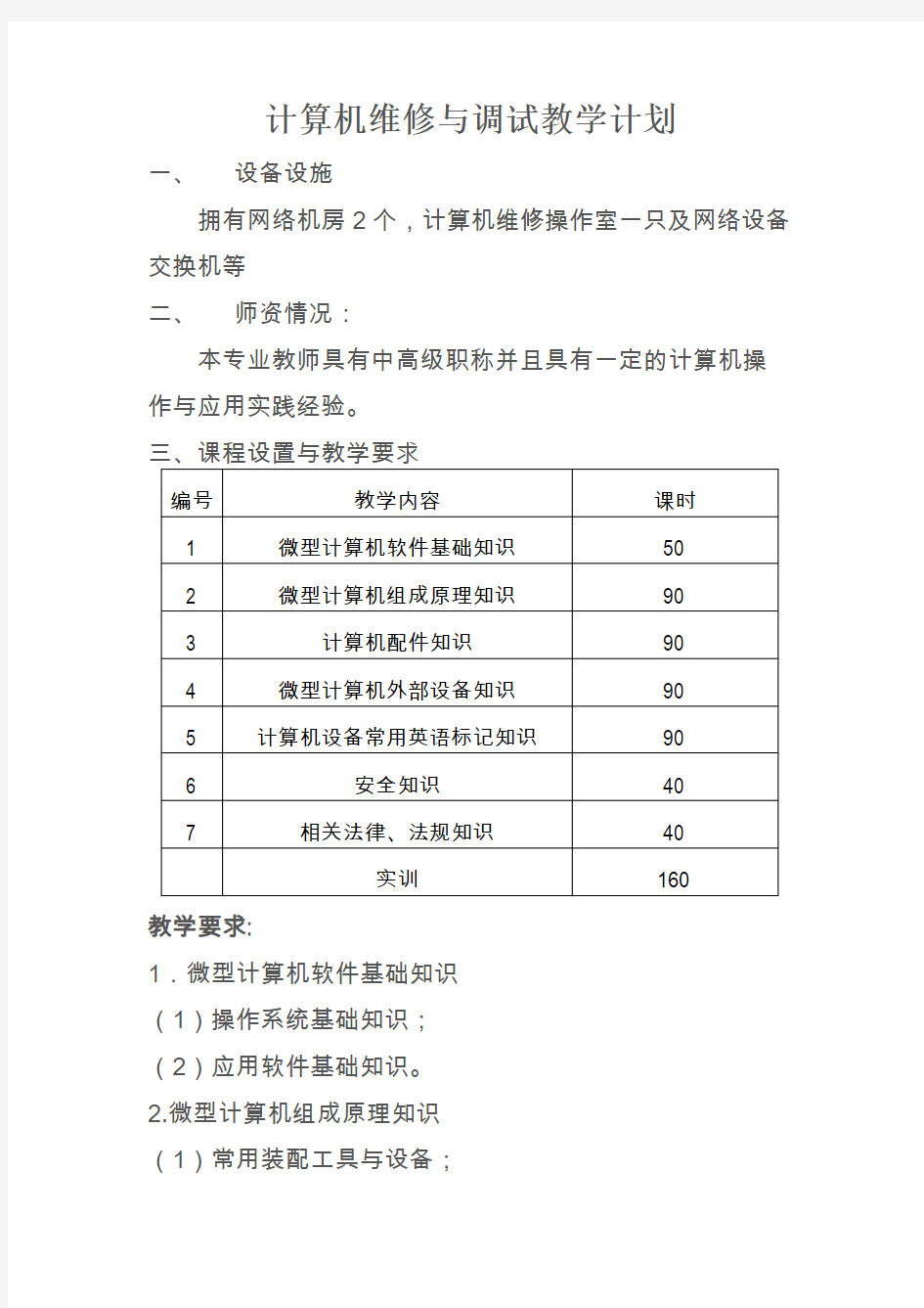 计算机维修与调试教学计划.