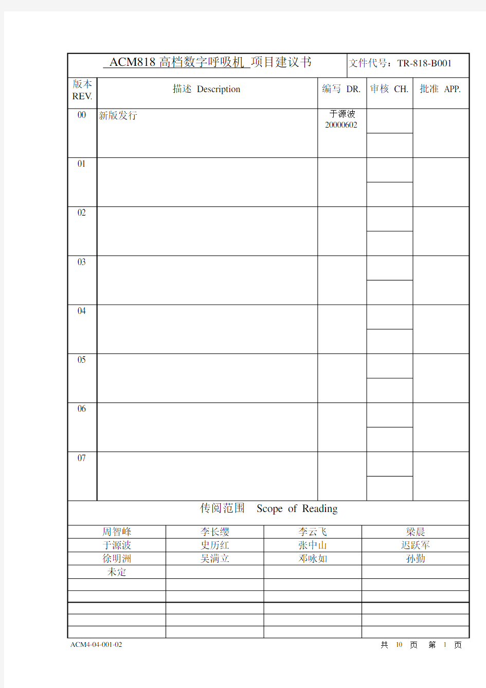 国内某著名医疗器械公司的产品开发文档格式规范-项目建议书参考样本