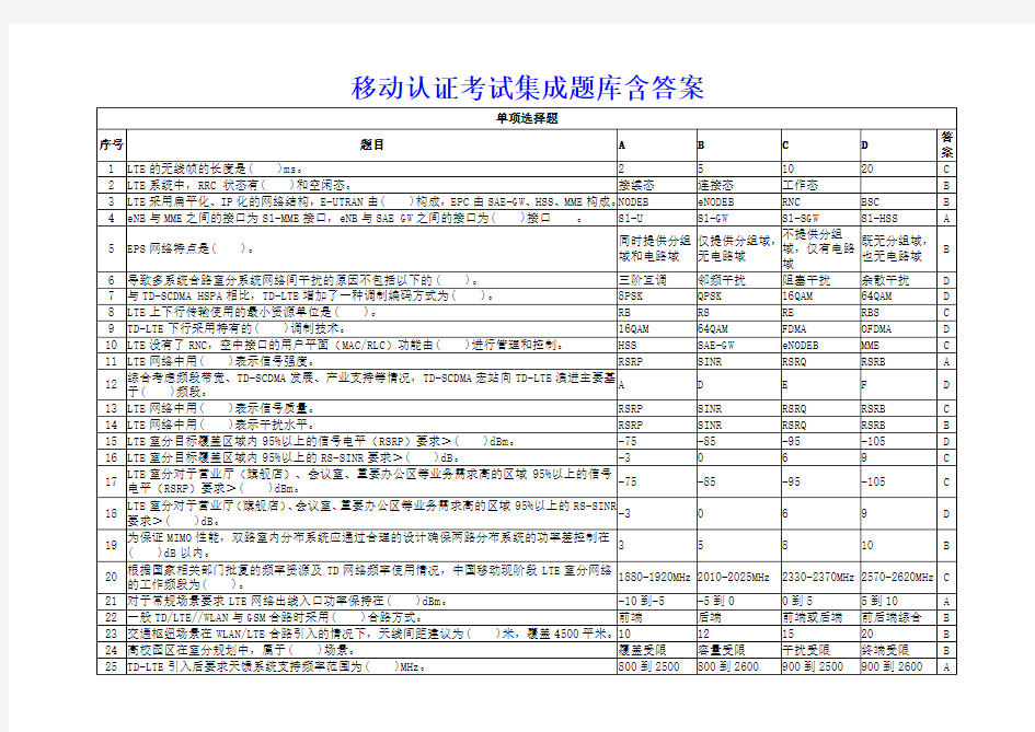 移动认证考试集成题库含答案