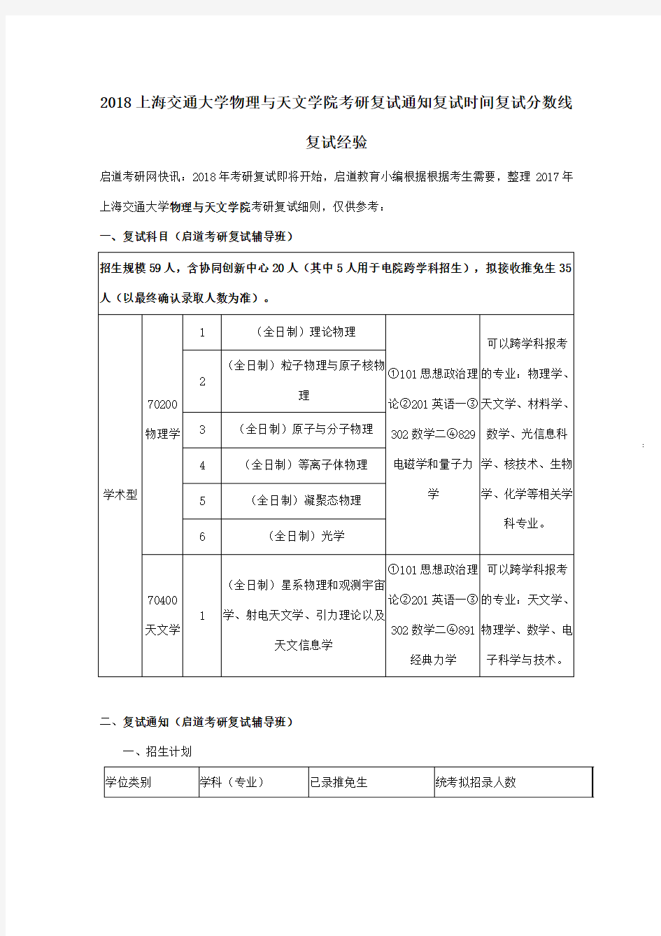 2018上海交通大学物理与天文学院考研复试通知复试时间复试分数线复试经验