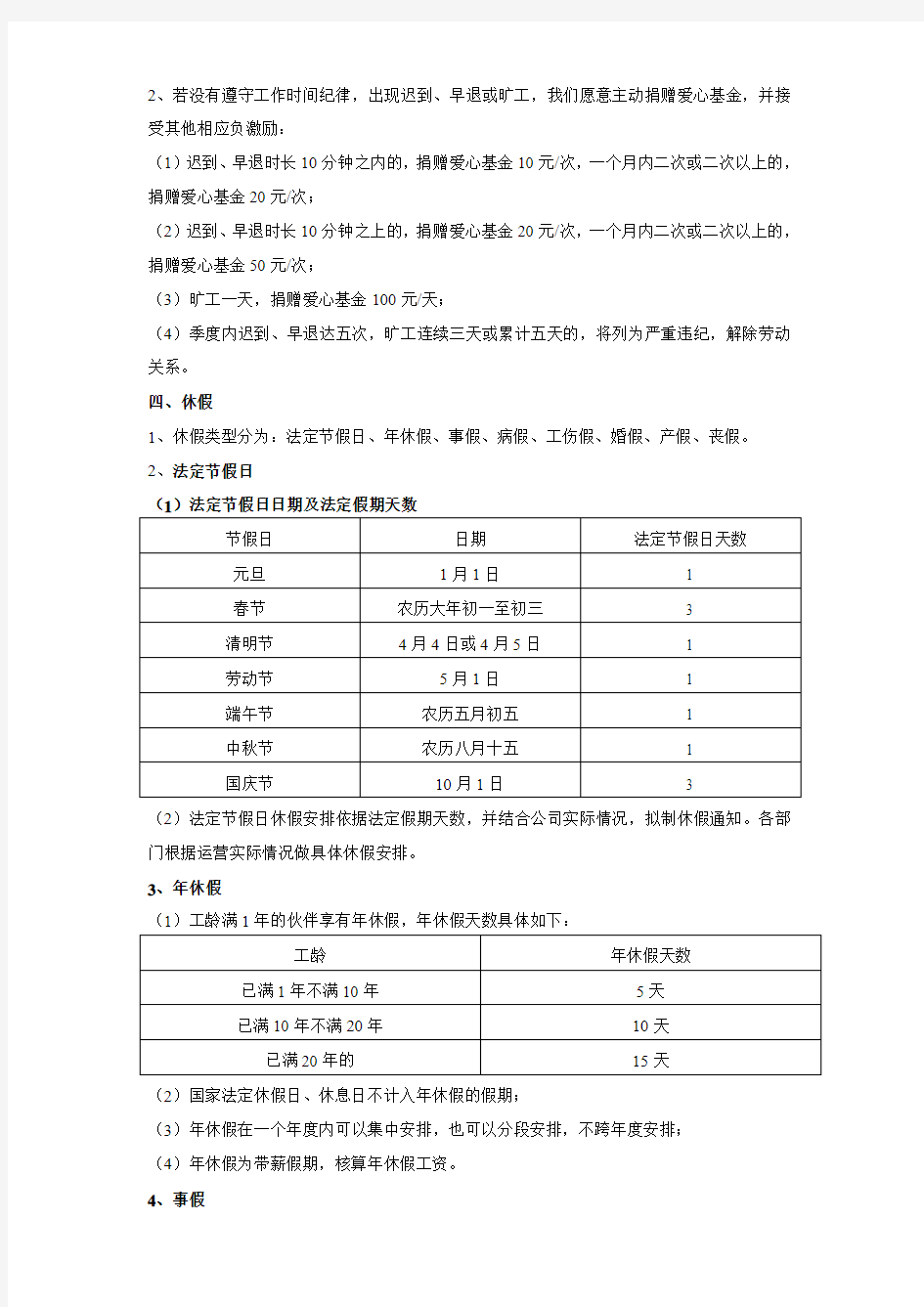 员工手册之工作时间与休息休假