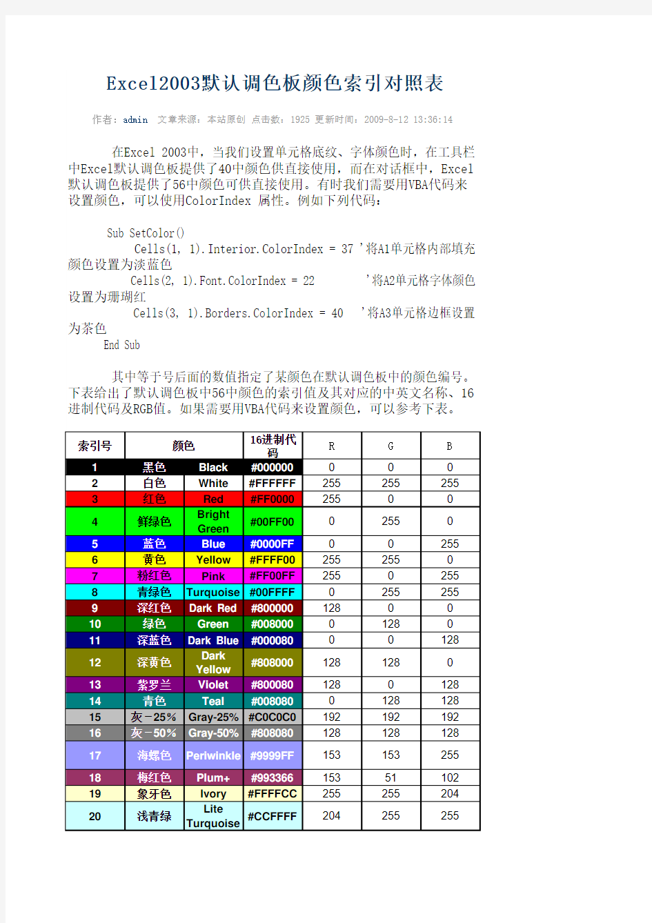 excel颜色索引对照表