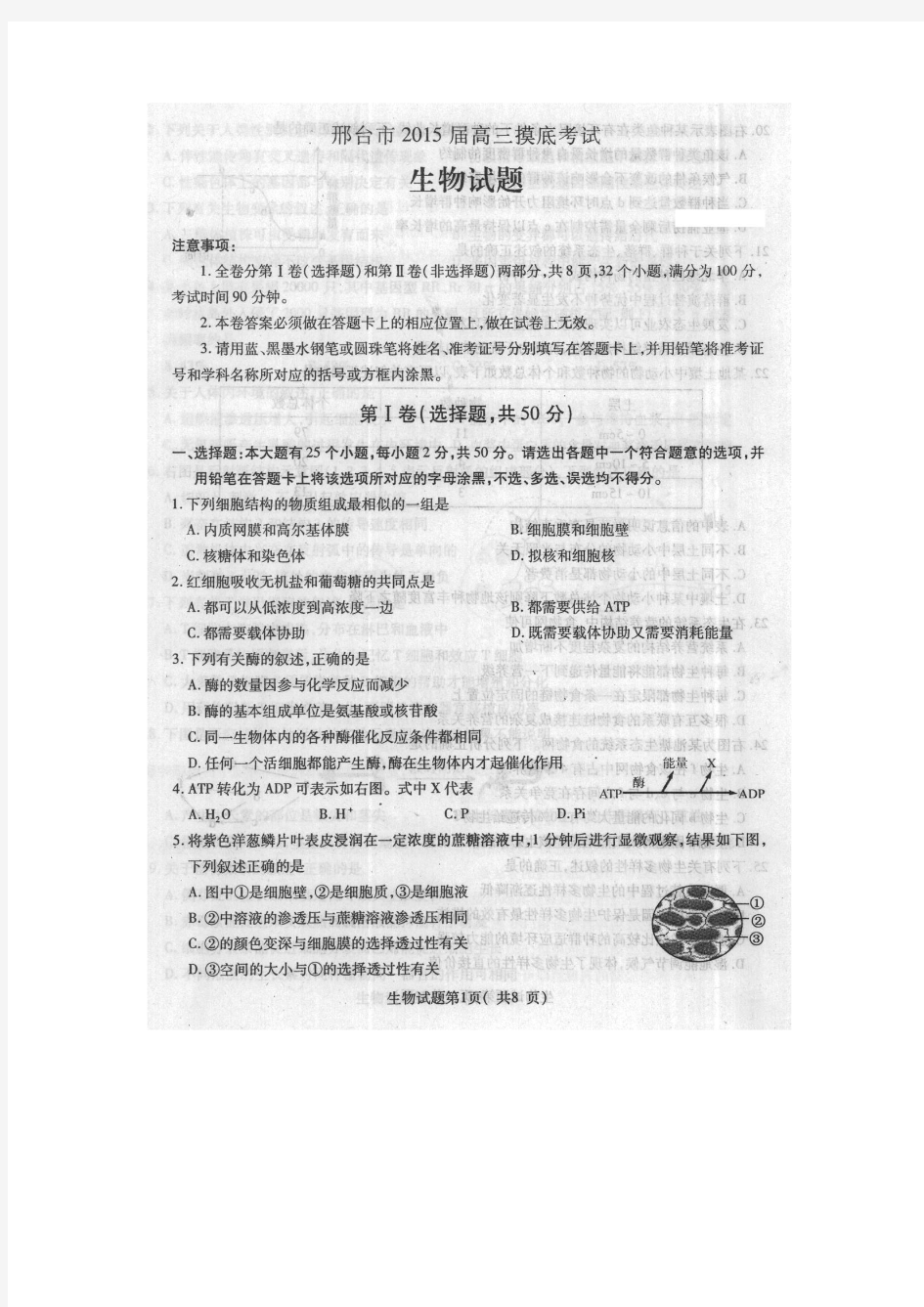 河北省邢台市2015届高三摸底考试生物试题(扫描版)