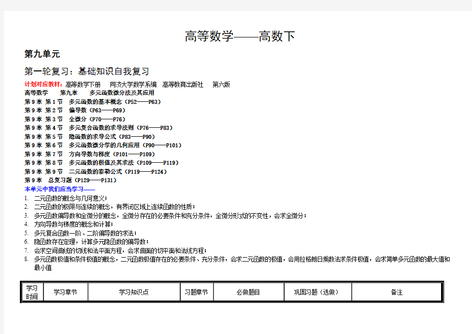 高数下学习计划