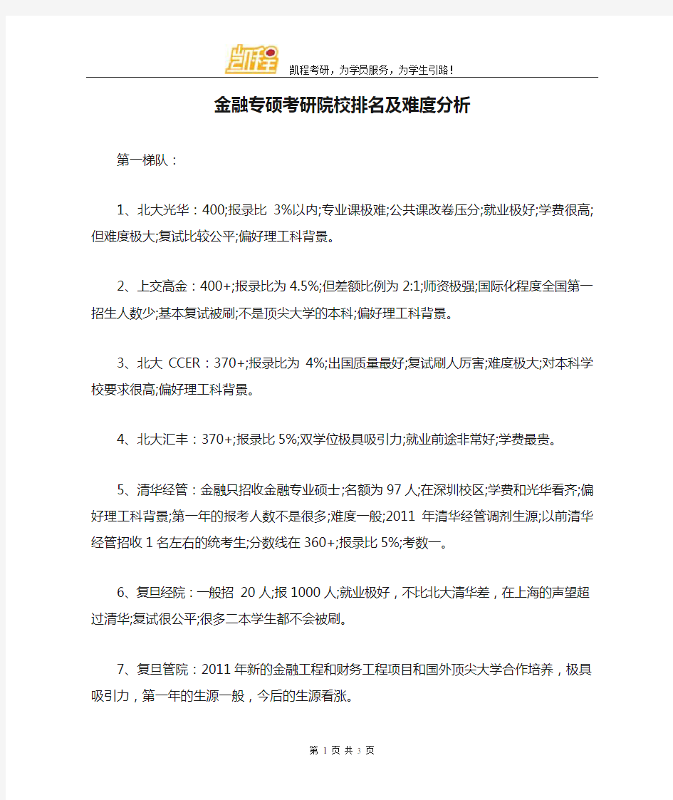 金融专硕考研院校排名及难度分析