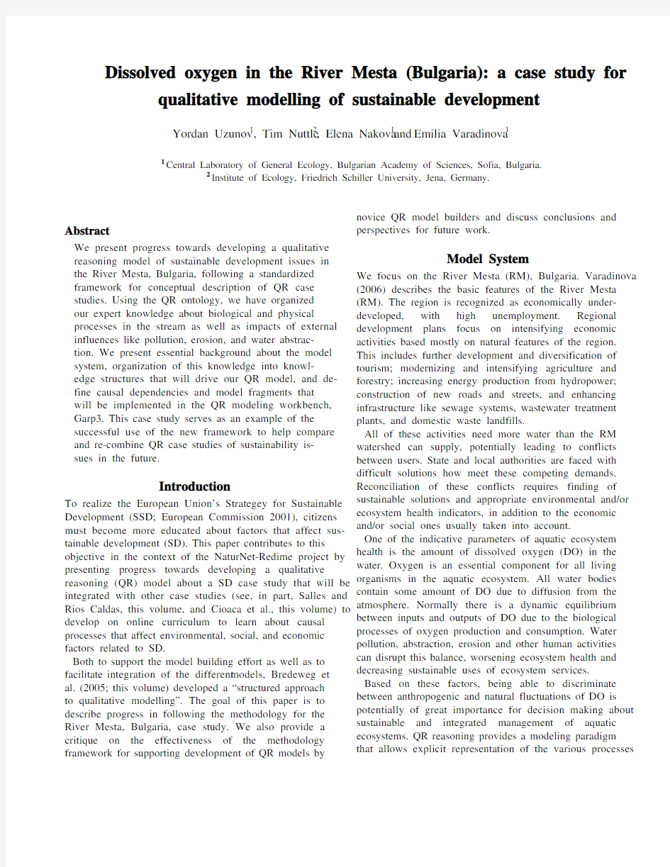 Abstract Dissolved oxygen in the River Mesta (Bulgaria) a case study for qualitative modell