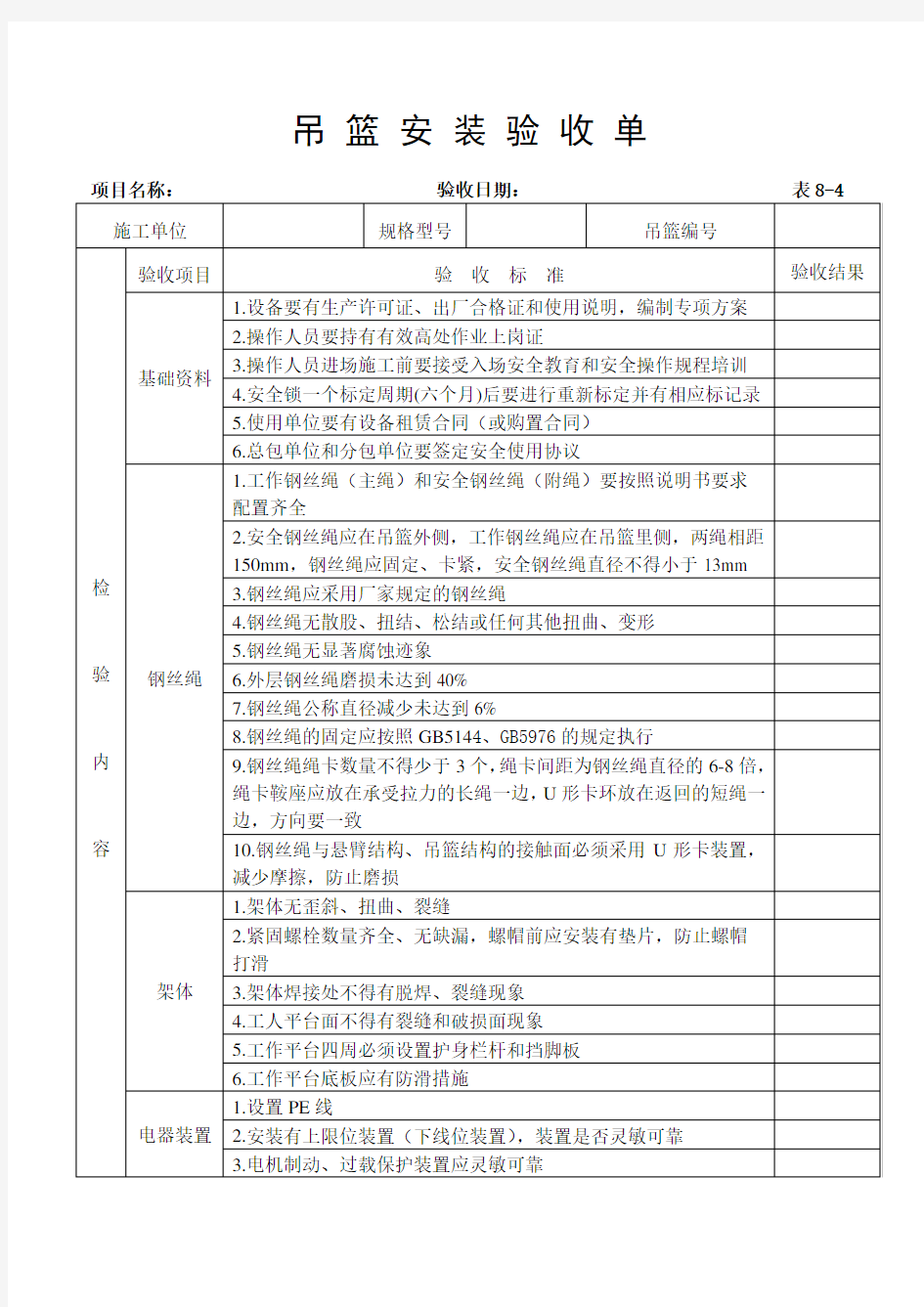 吊篮安装验收单