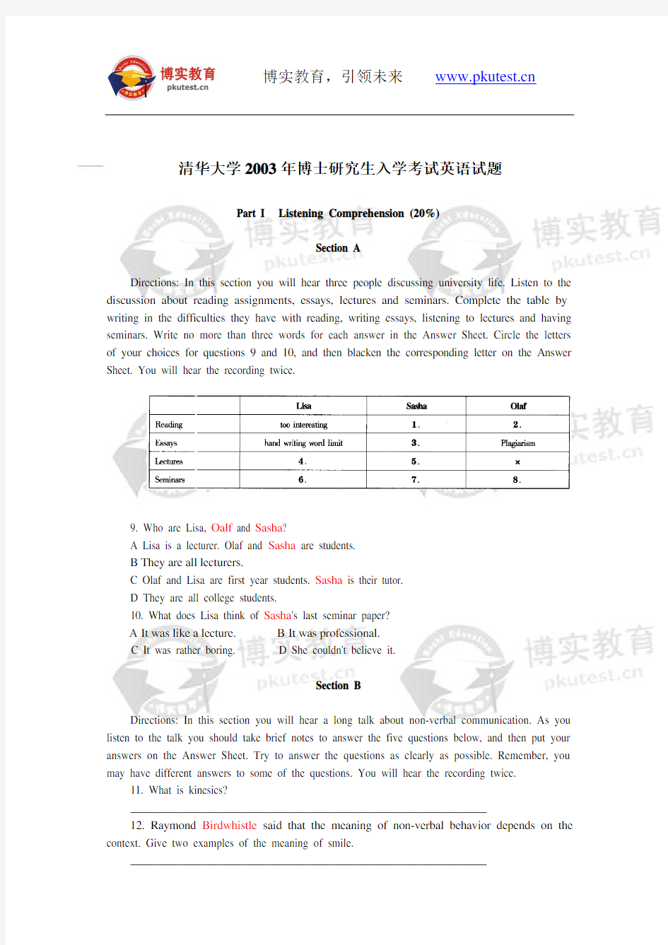 清华大学2003年博士研究生入学考试英语试题