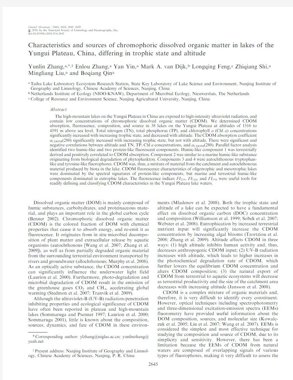 Characteristics and sources of chromophoric dissolved organic matter in lakes of the Yungui Plateau