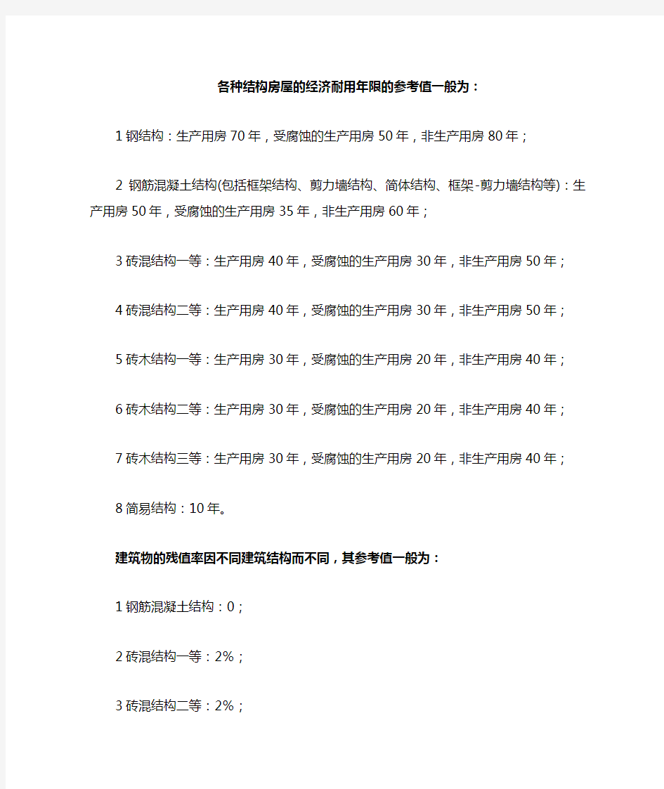 各种结构房屋的经济耐用年限数字结构表示