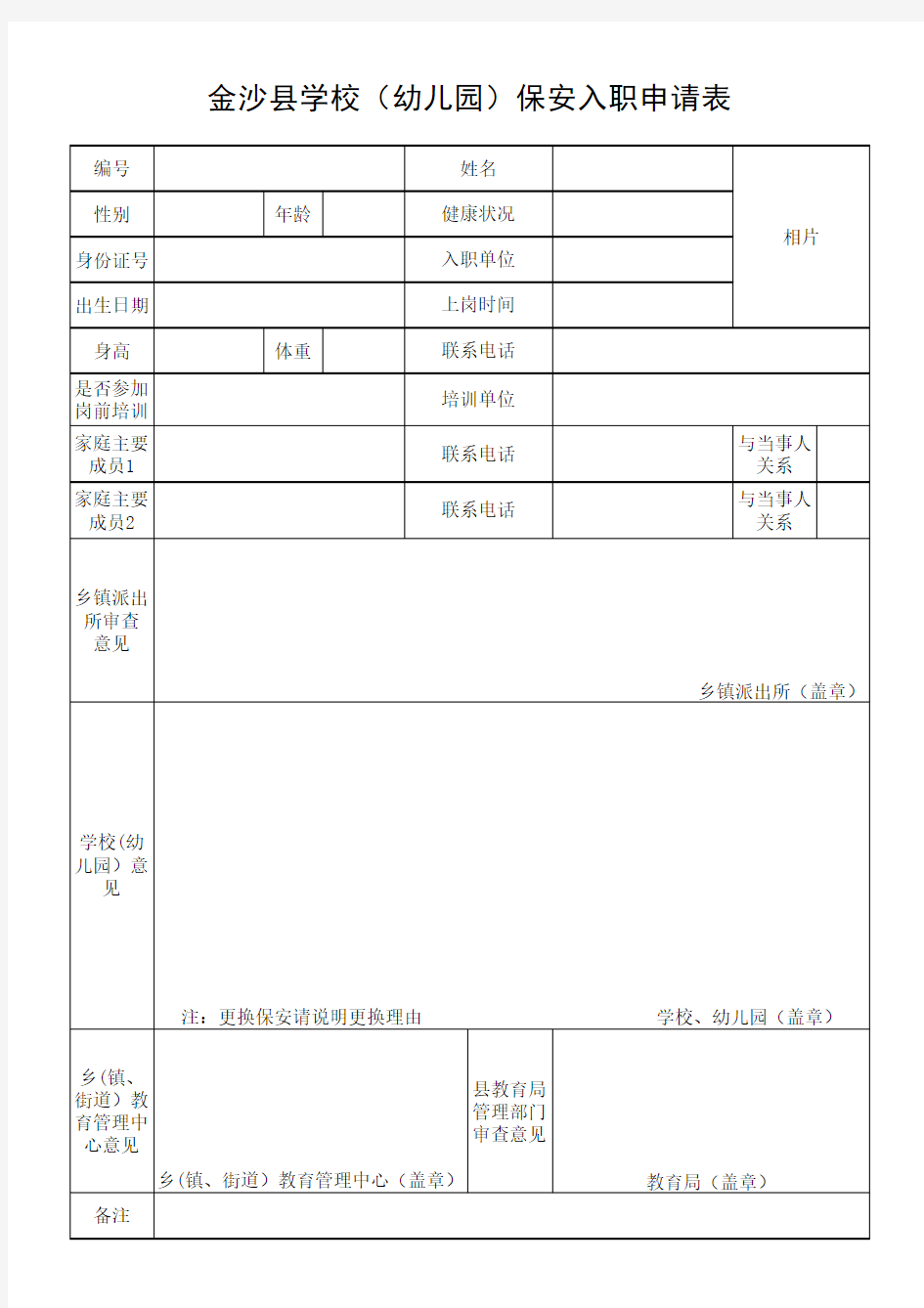 保安人员入职申请表