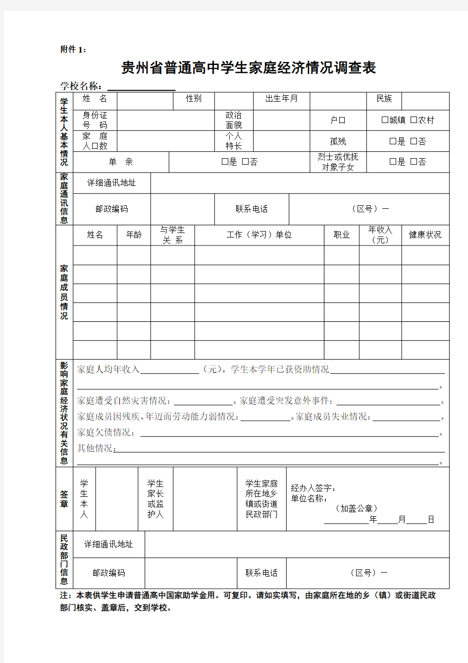 贵州省普通高中国家助学金申请表