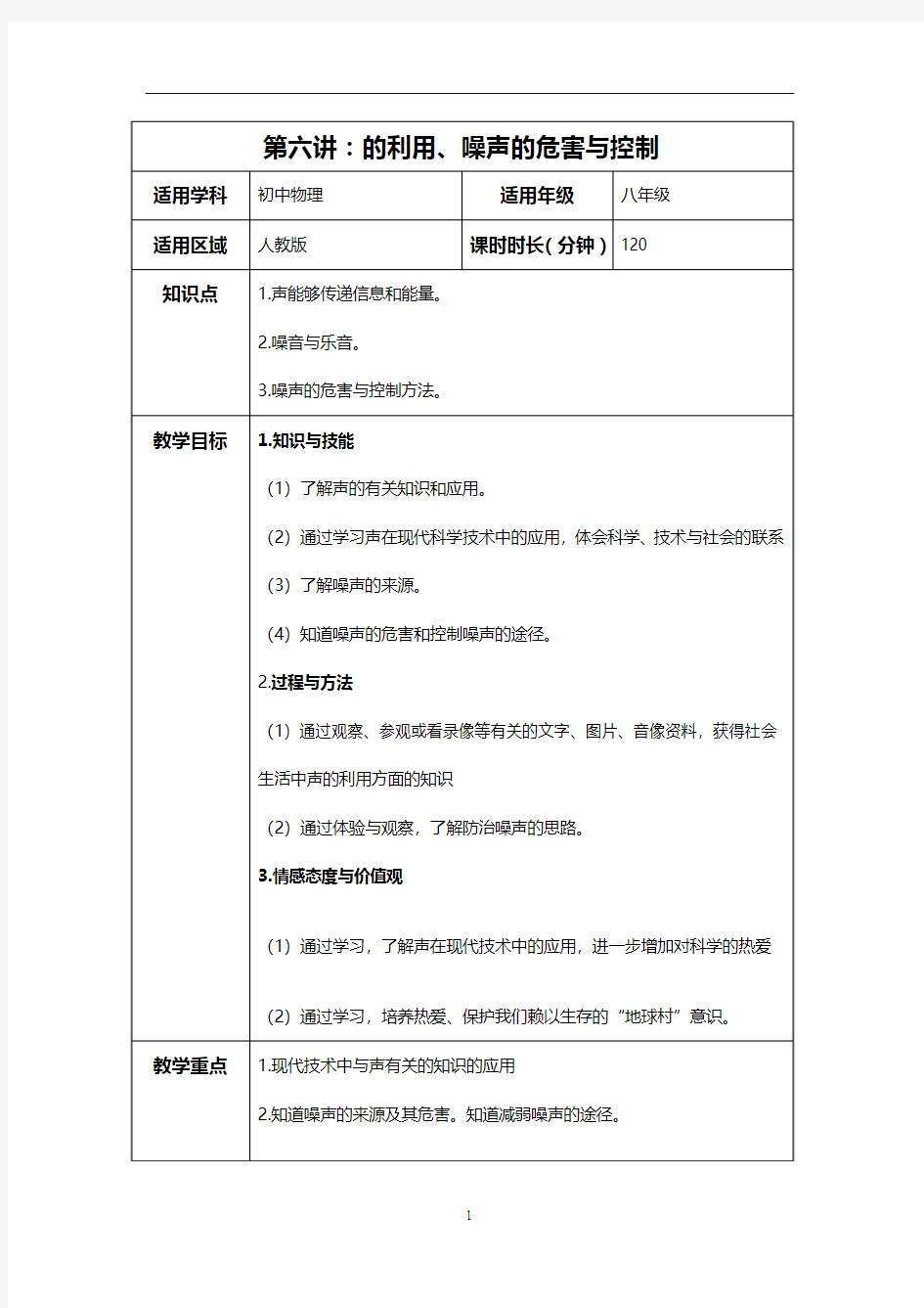 噪声的危害与控制教案