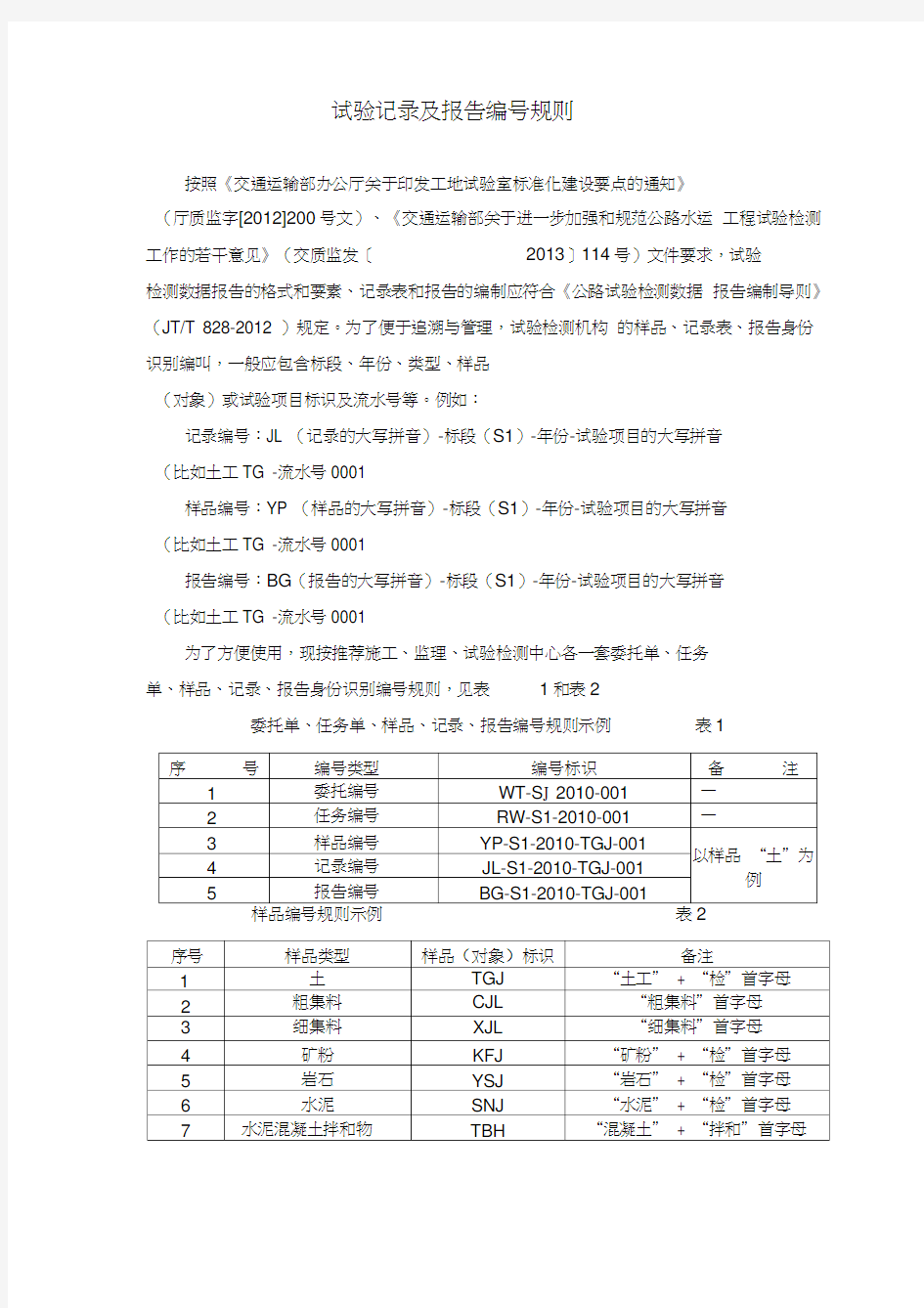 试验记录及报告编号规则