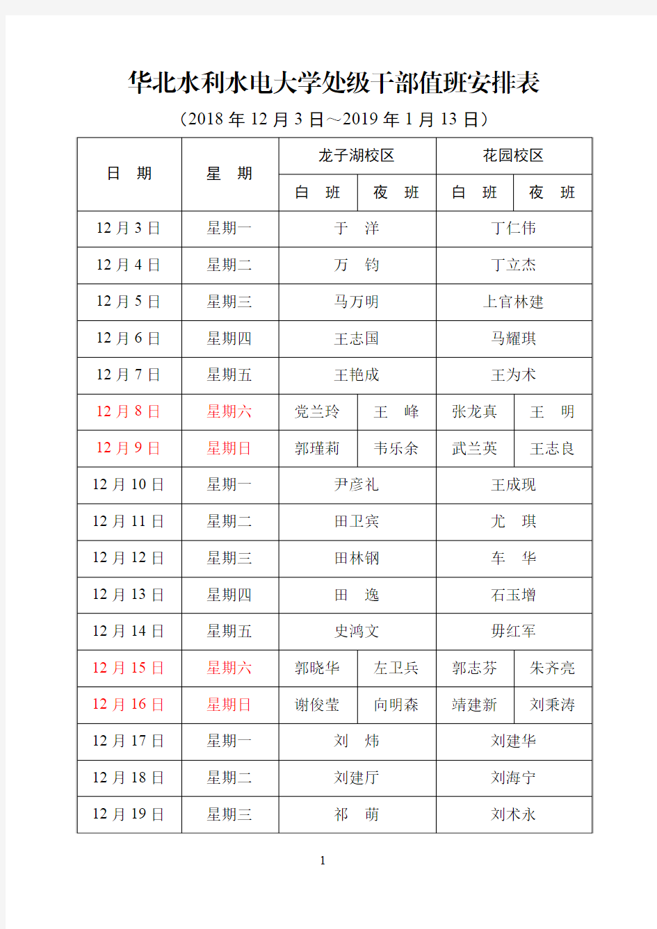 华北水利水电大学处级干部值班安排表