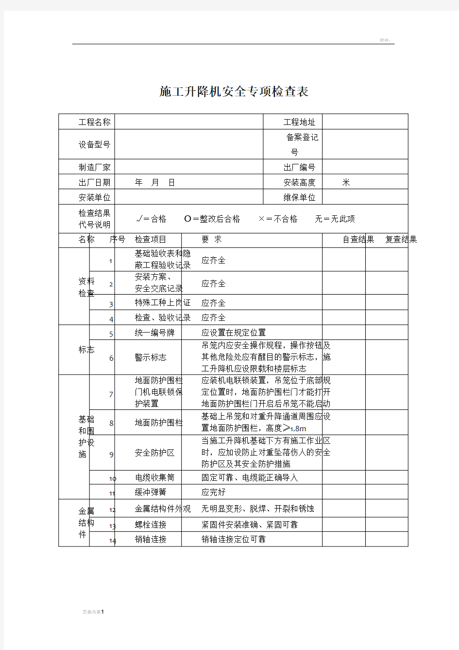 施工升降机安全专项检查表