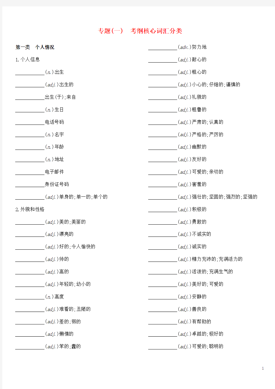 2019届中考英语总复习 默写手册 专题一 考纲核心词汇分类 (新版)外研版