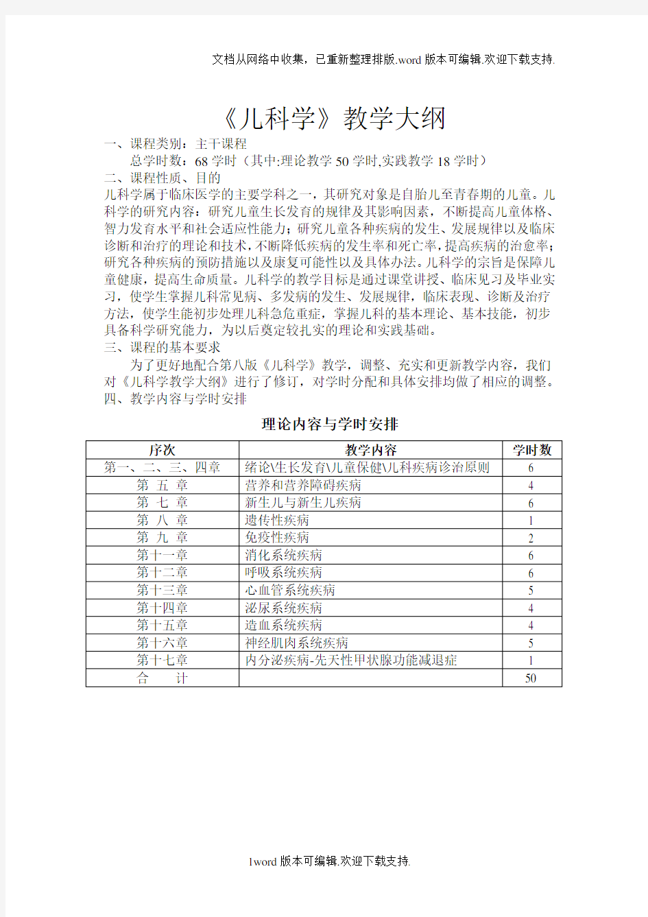 儿科学教学大纲