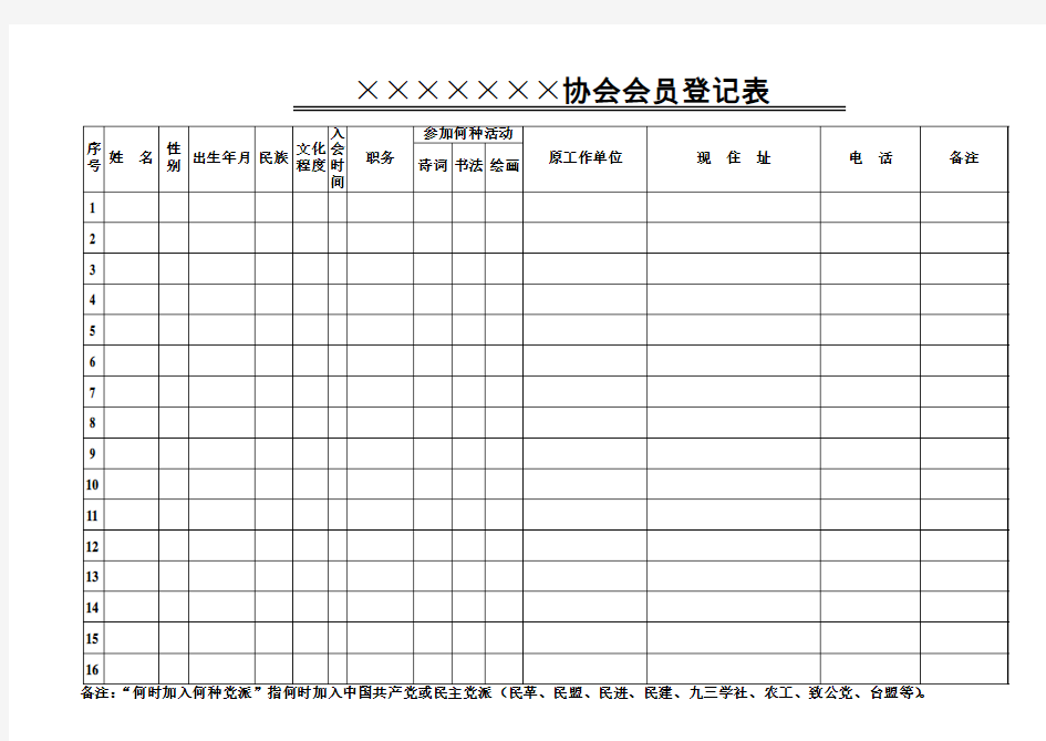 协会会员登记表