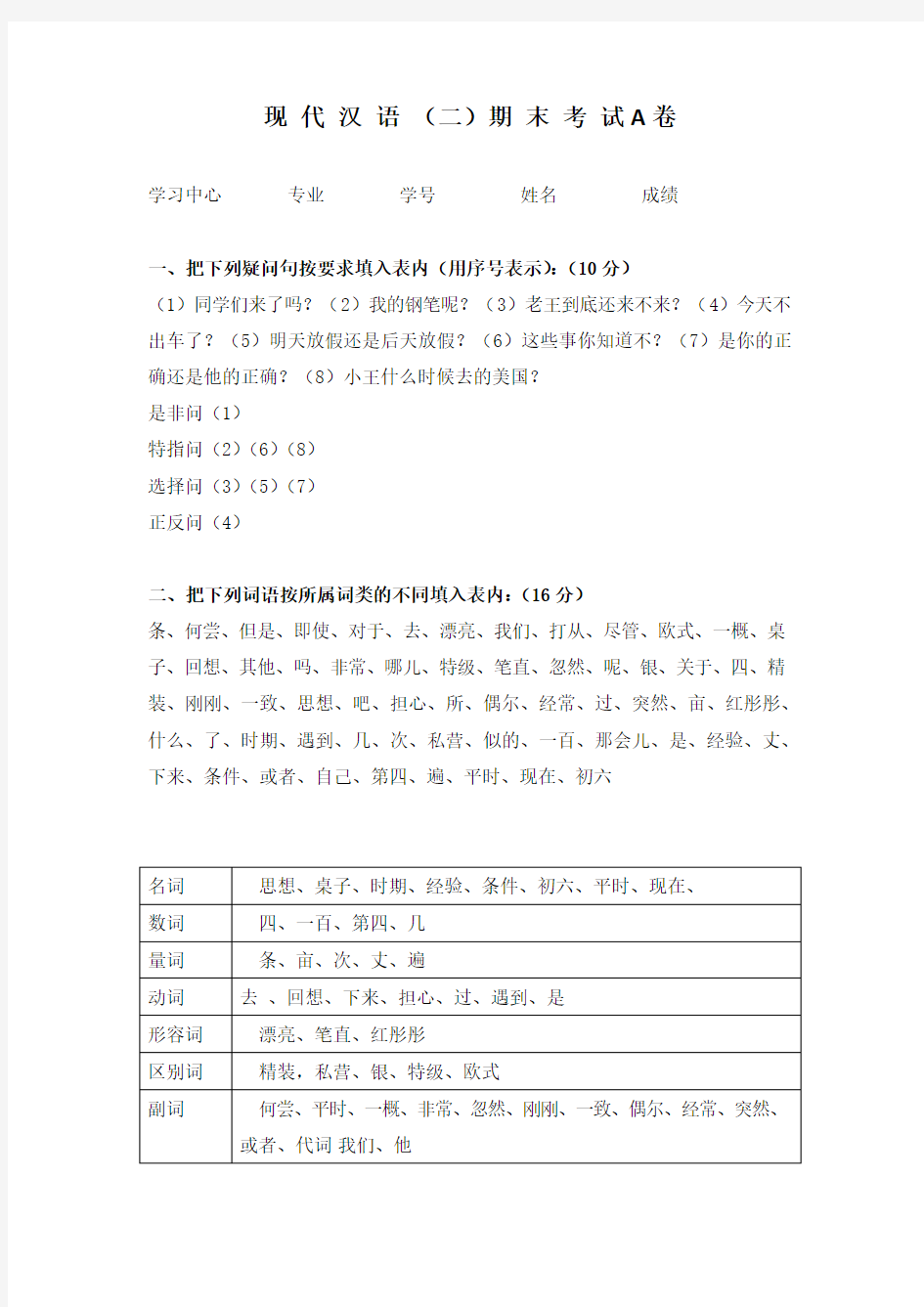 福建师范大学19年8月课程考试《现代汉语(二) 》作业考核试题 答案