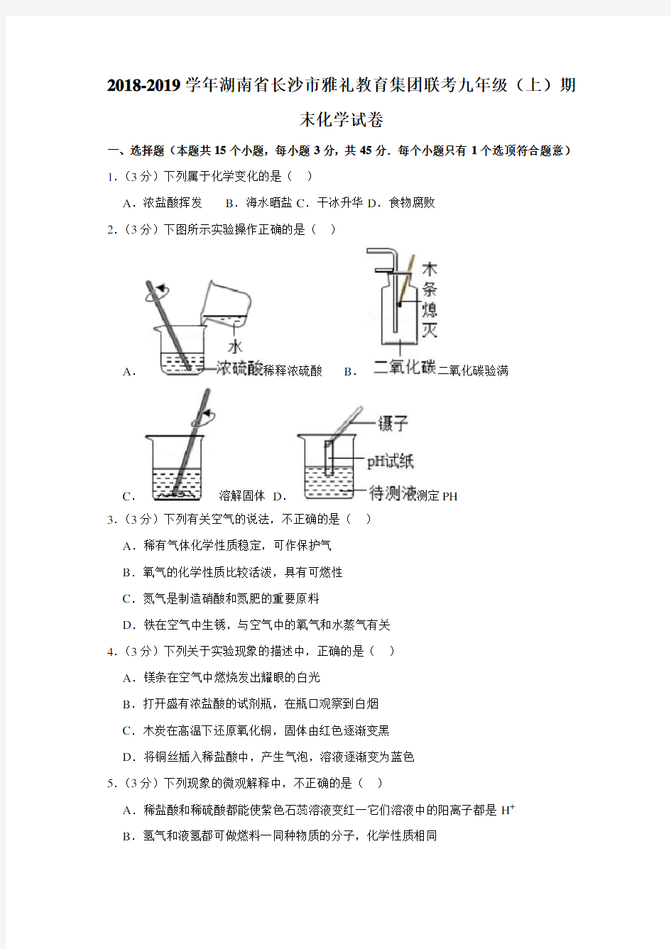 2018-2019学年湖南省长沙市雅礼教育集团联考九年级(上)期末化学试卷