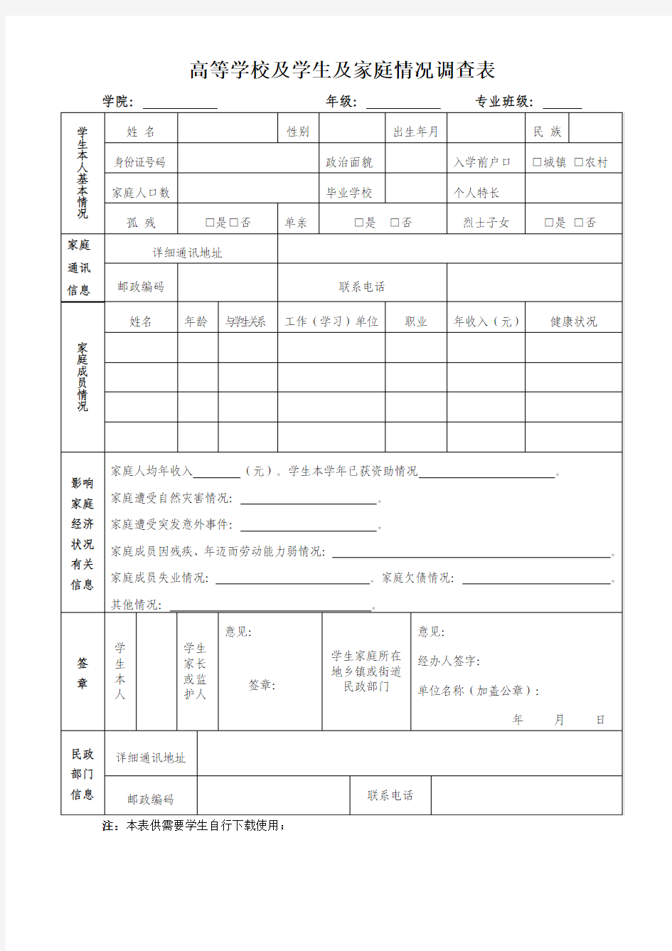 学生家庭经济情况调查表