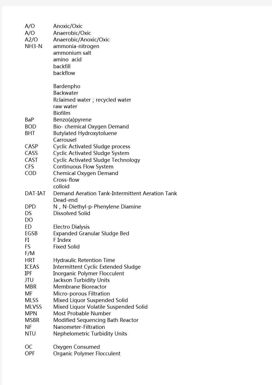 污水处理工艺工程中英文及缩写对照表