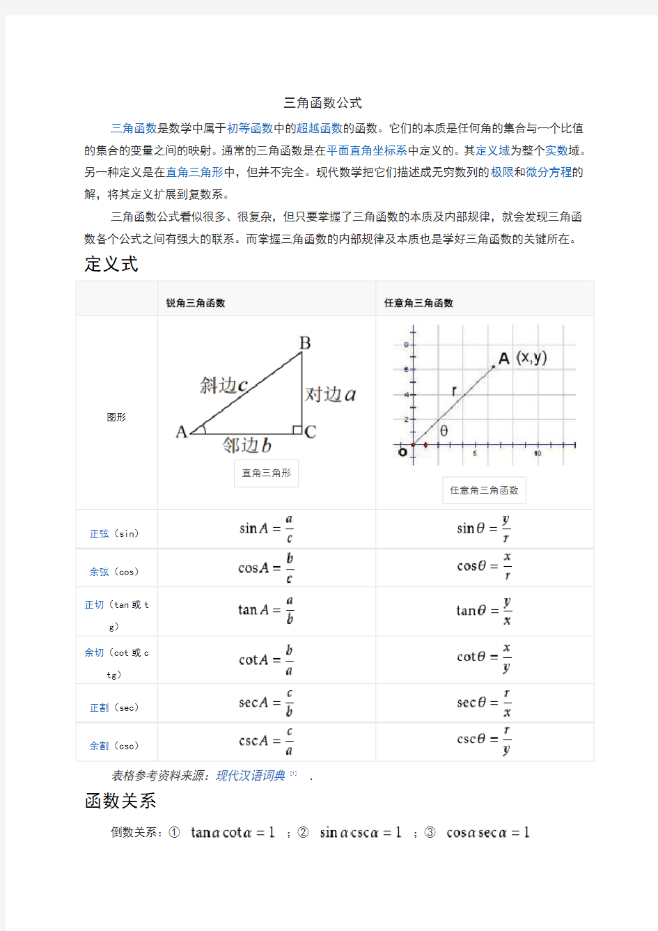 三角函数计算公式大全