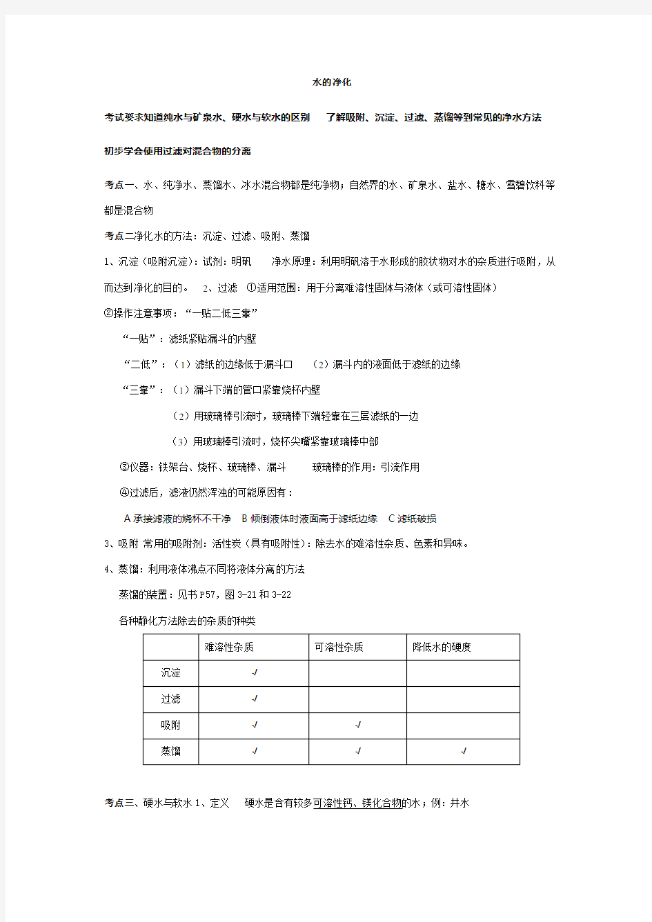 初中化学知识点总结-水的净化