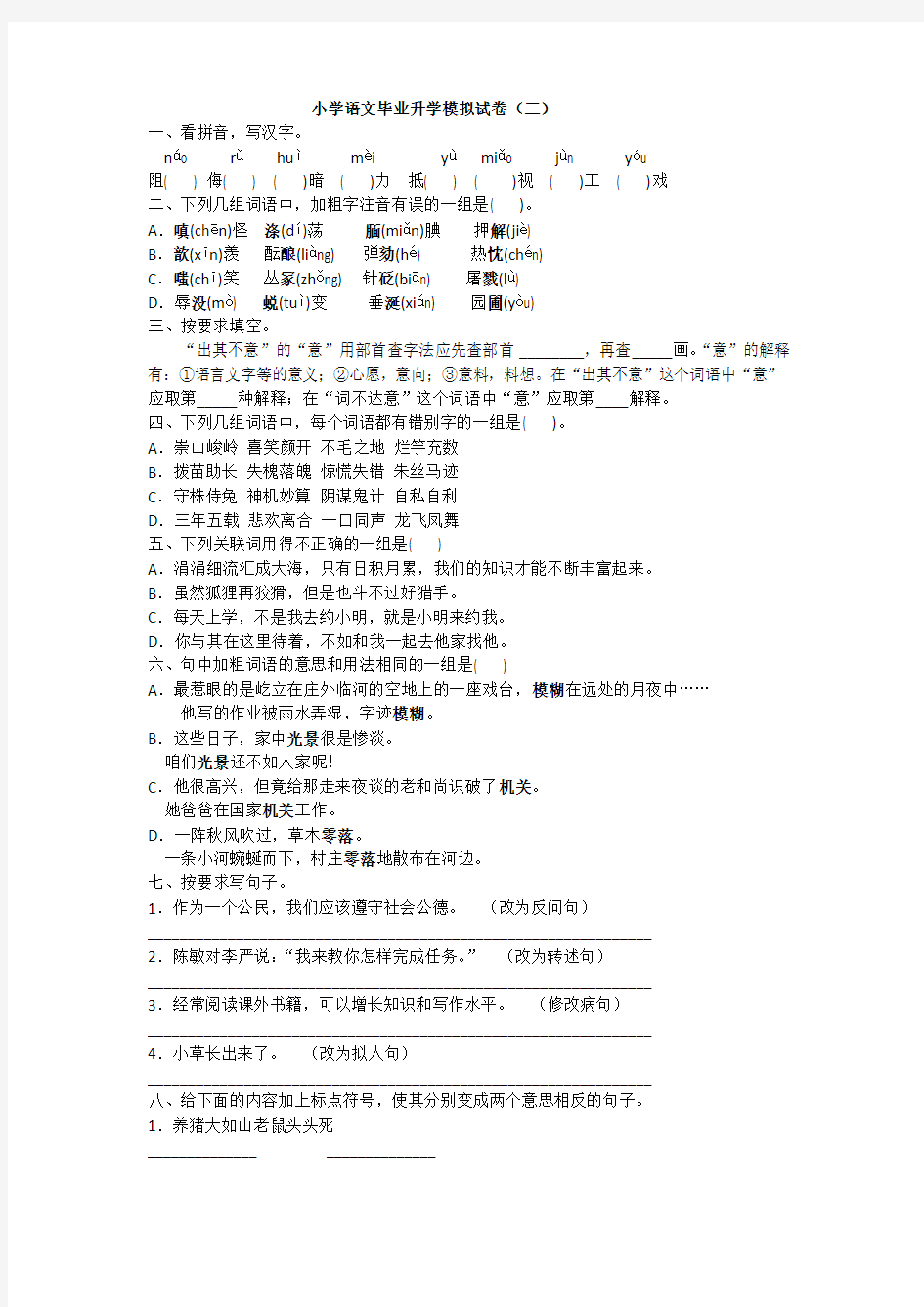 2020年人教版小升初语文毕业升学模拟试卷(三)附答案