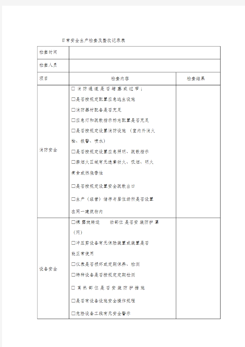 公司企业日常安全生产检查记录表