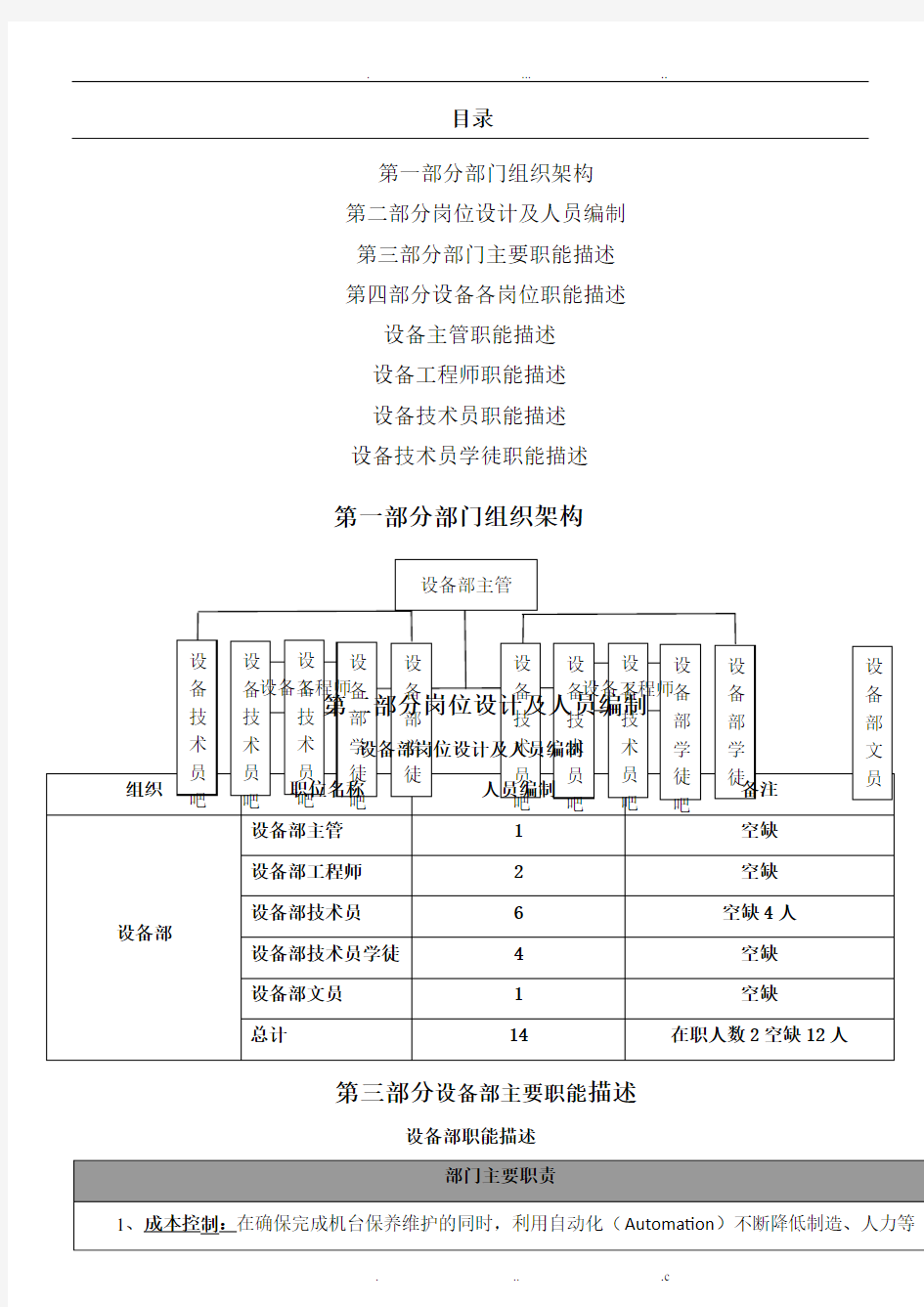 设备部组织架构及岗位责任说明