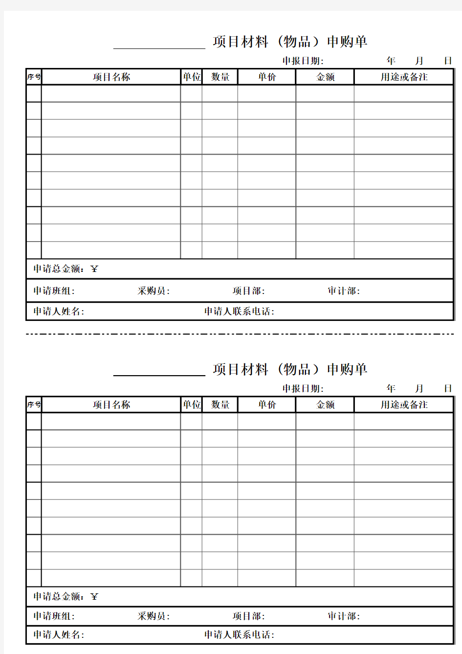 工程项目材料 (物品)申购单