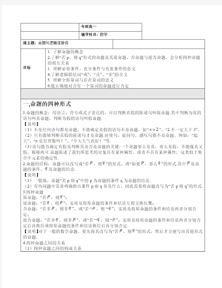 数学_高一命题与逻辑连接词答案