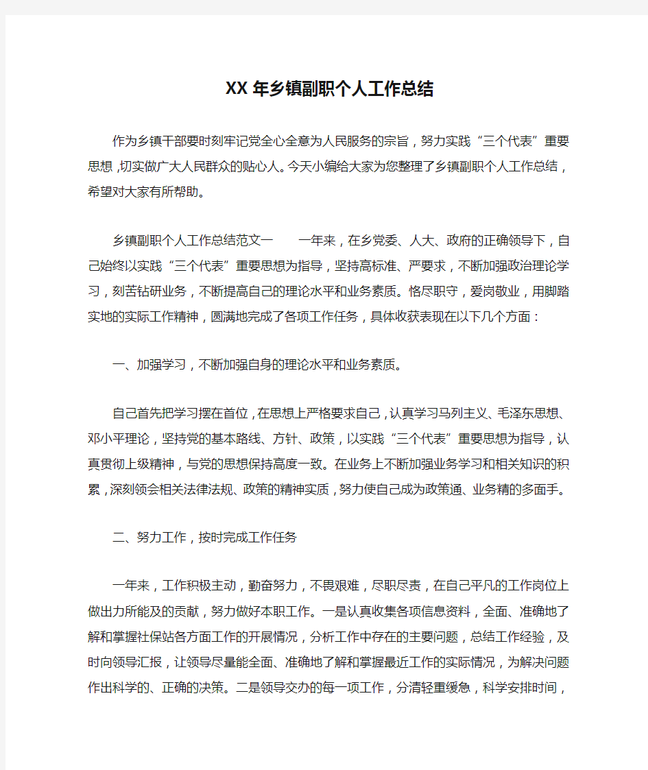 XX年乡镇副职个人工作总结