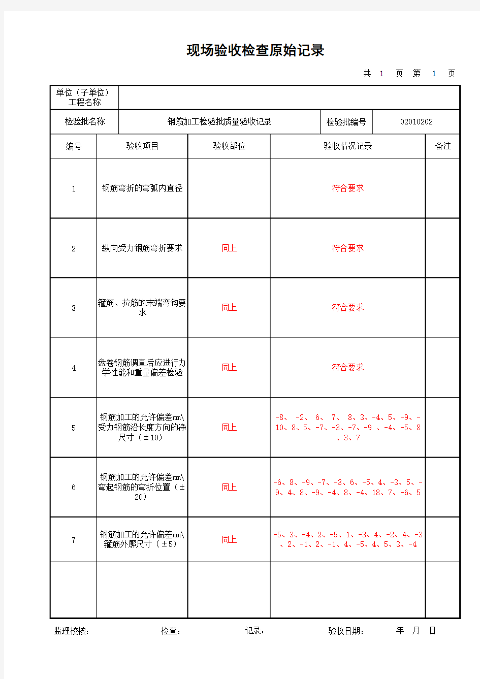 5-钢筋加工检验批质量验收记录-原始记录