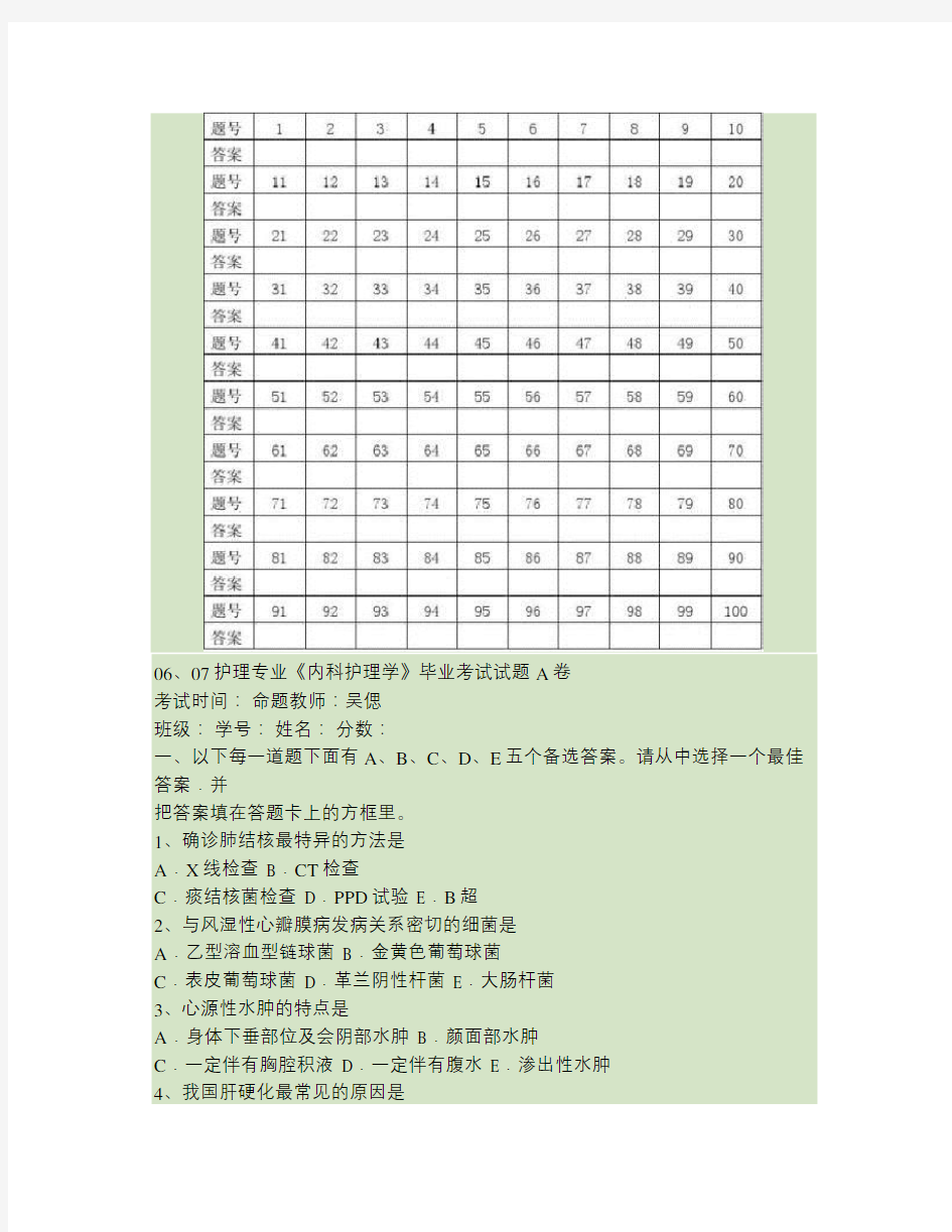 (完整版)护理专业内科护理学毕业考试试题.