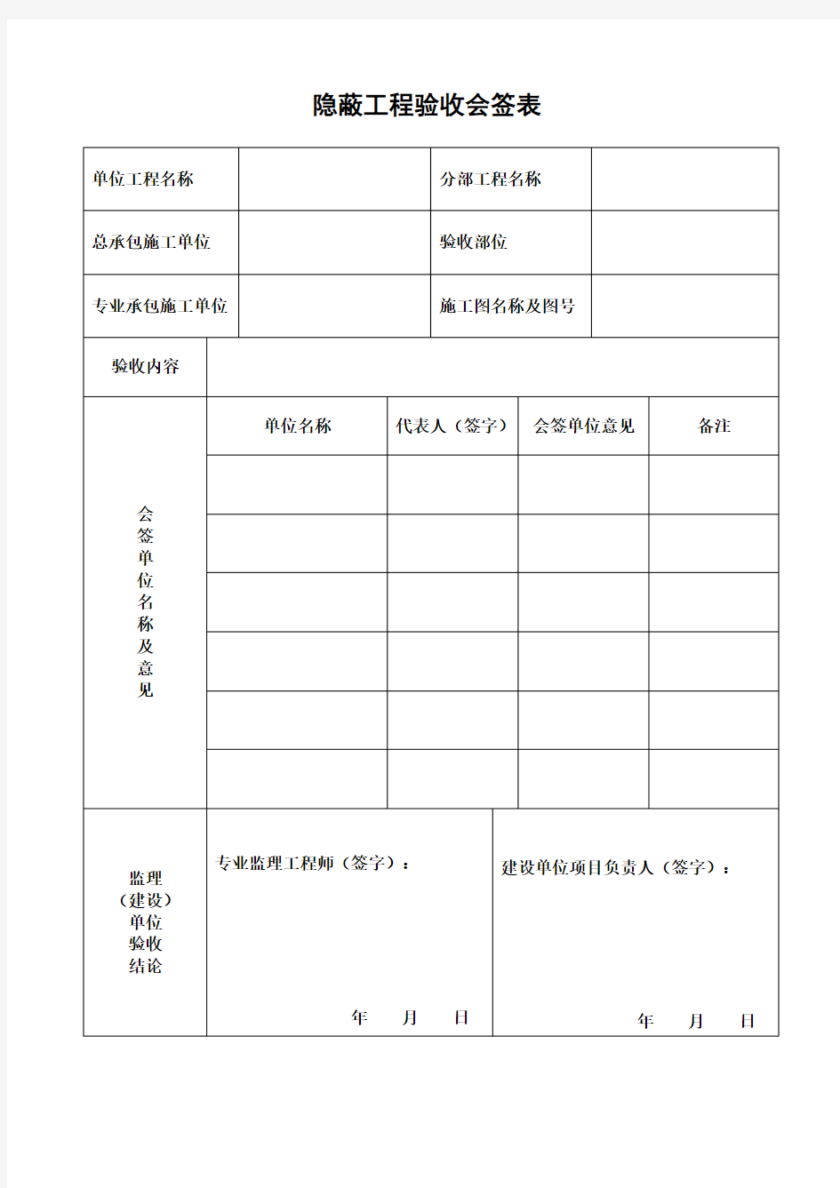 隐蔽工程验收会签表