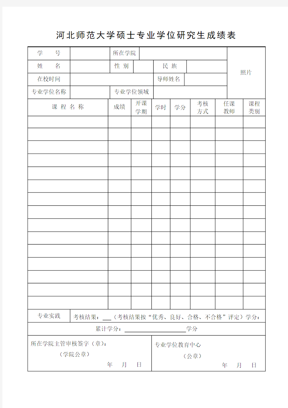 河北师范大学硕士专业学位研究生成绩表 .doc