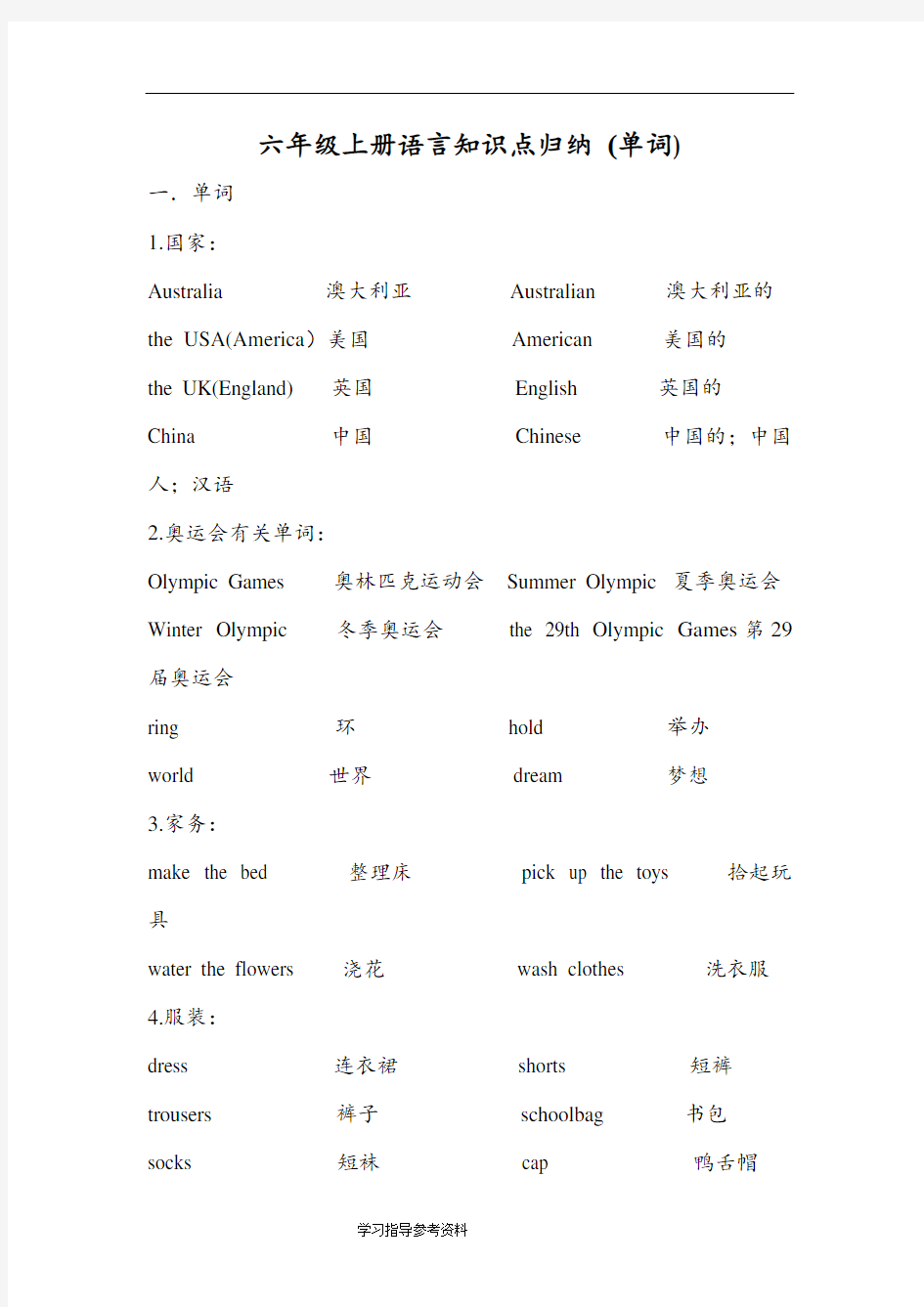 新闽教版小学英语六年级知识点归纳