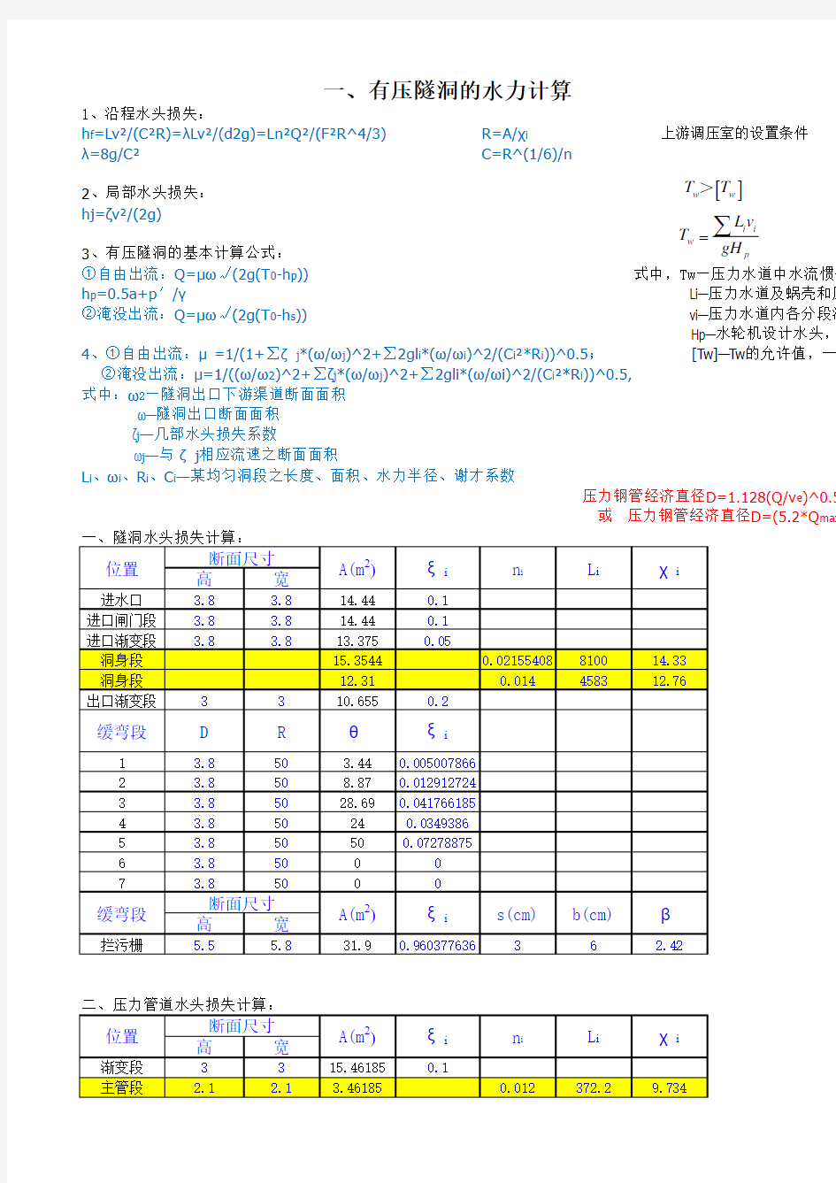 有压隧洞的水力计算(自编)