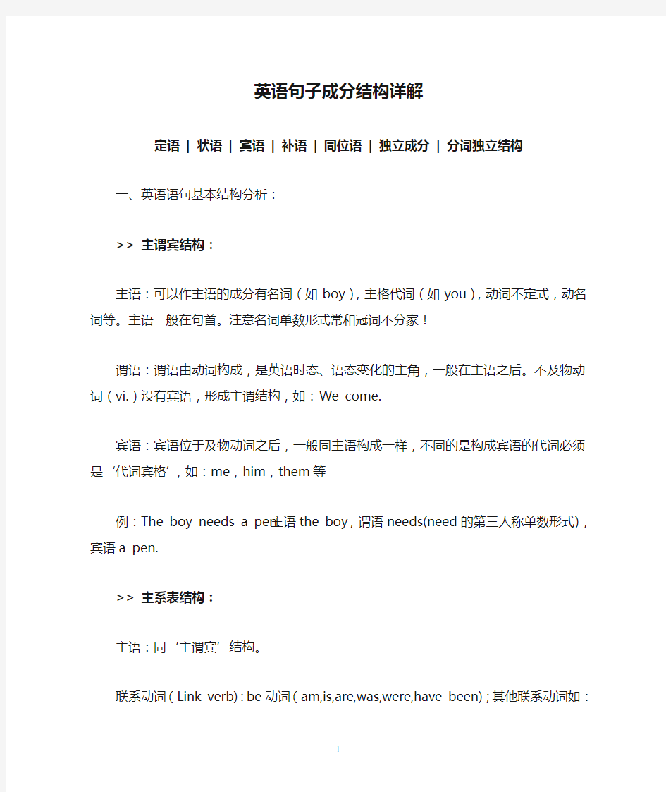 英语句子成分结构详解《主谓宾定状补同位语分析》