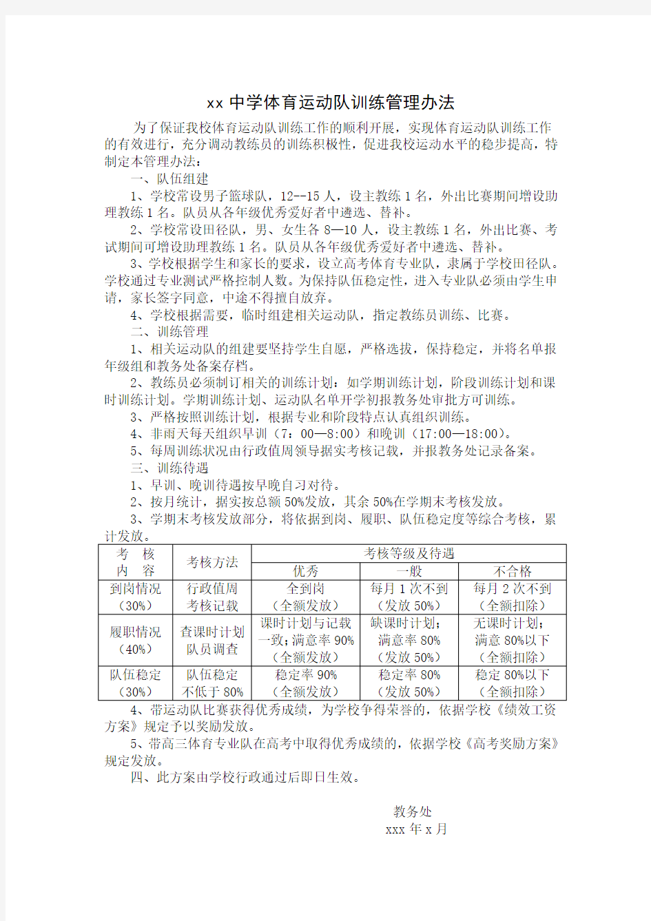 中学体育运动队训练管理办法