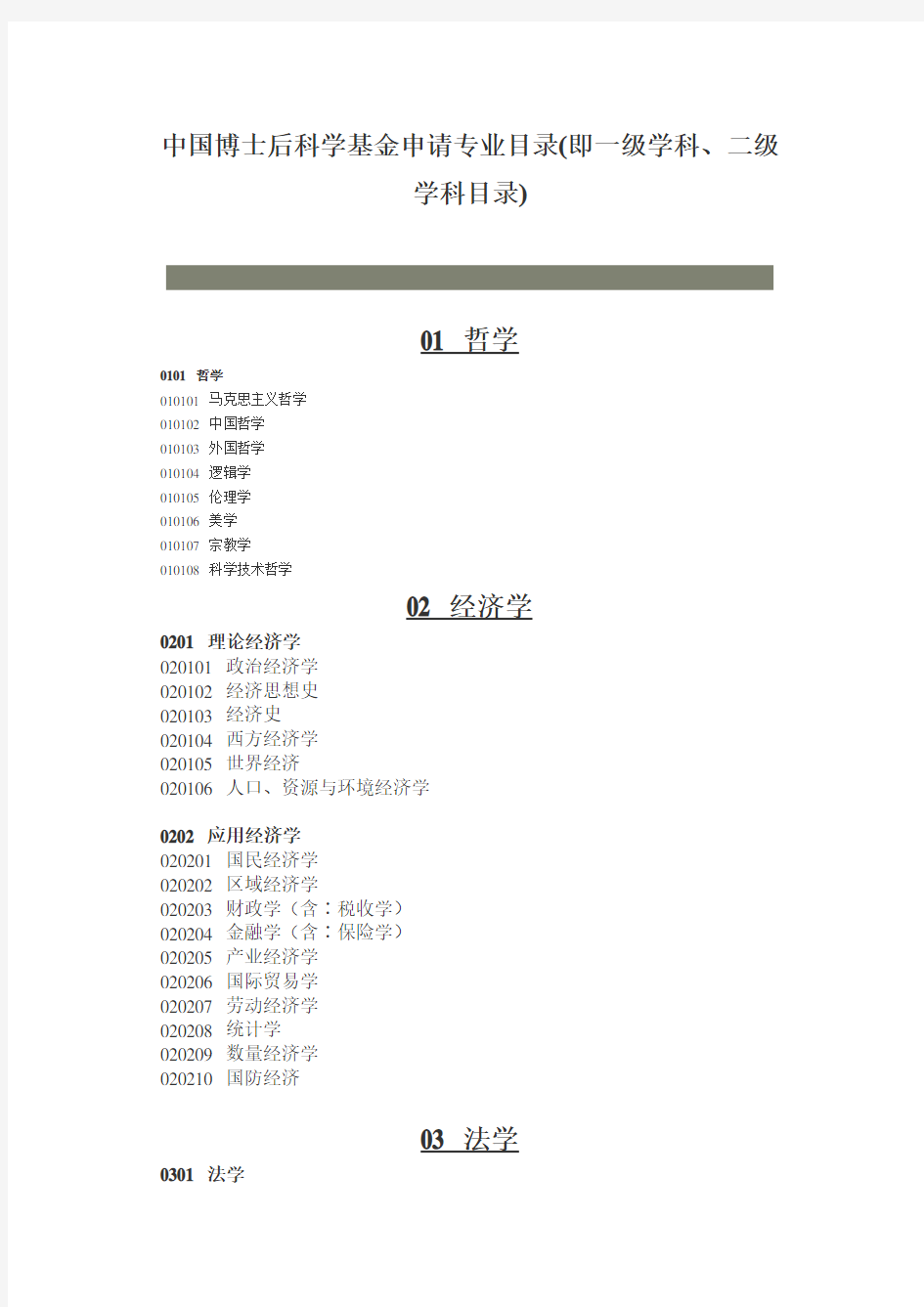 中国博士后科学基金申请专业目录(即一级学科、二级学科目录)