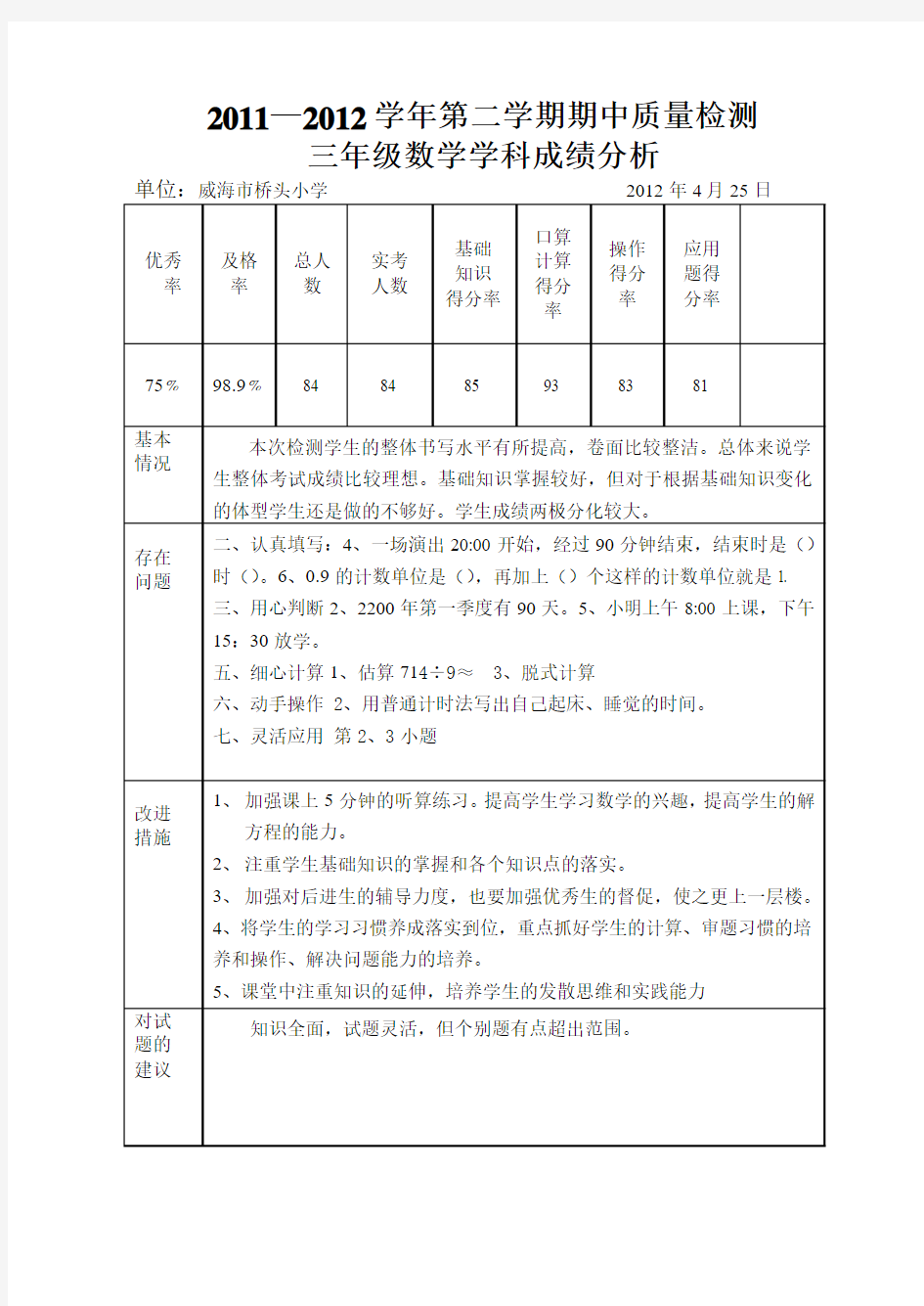 三年级数学成绩分析表