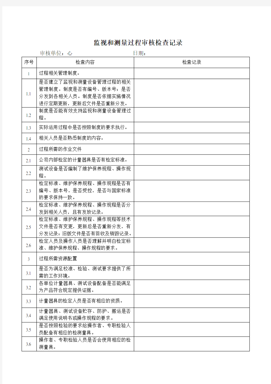 监视和测量过程审核检查表